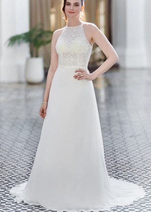 Halter Neck Ivory Lace Chiffon Keyhole Back Wedding Dress